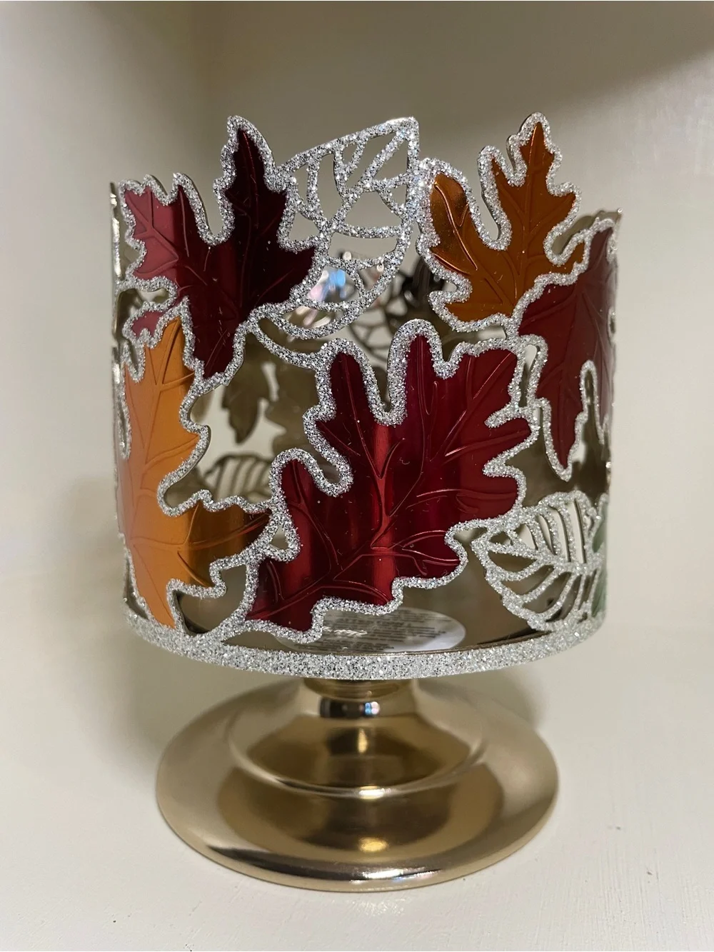 Festive Autumn Leaf Candle Holder in Red & Orange & Green with gold trim/ BBW